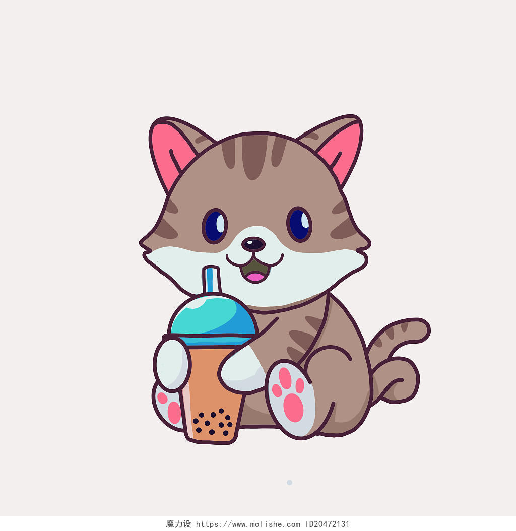 开心喝奶茶的可爱Q版卡通小貓咪喝奶茶元素
